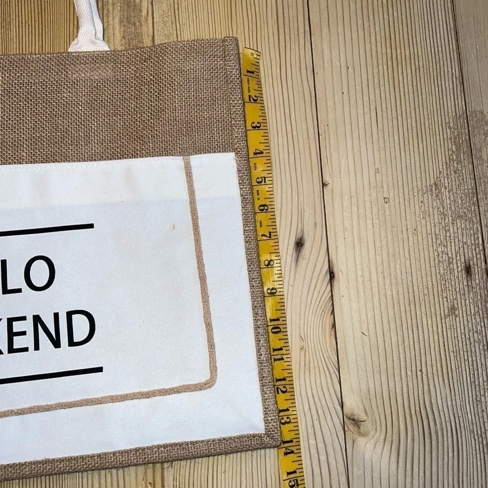 Hello Weekend Tote Bag White And Tan Raffia/Burlap Material